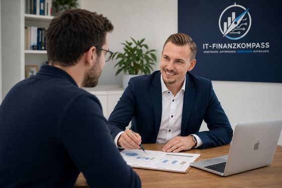 Beratungsgespräch IT-Finanzkompass: Berater bespricht Finanzstrategie mit einem ITler
